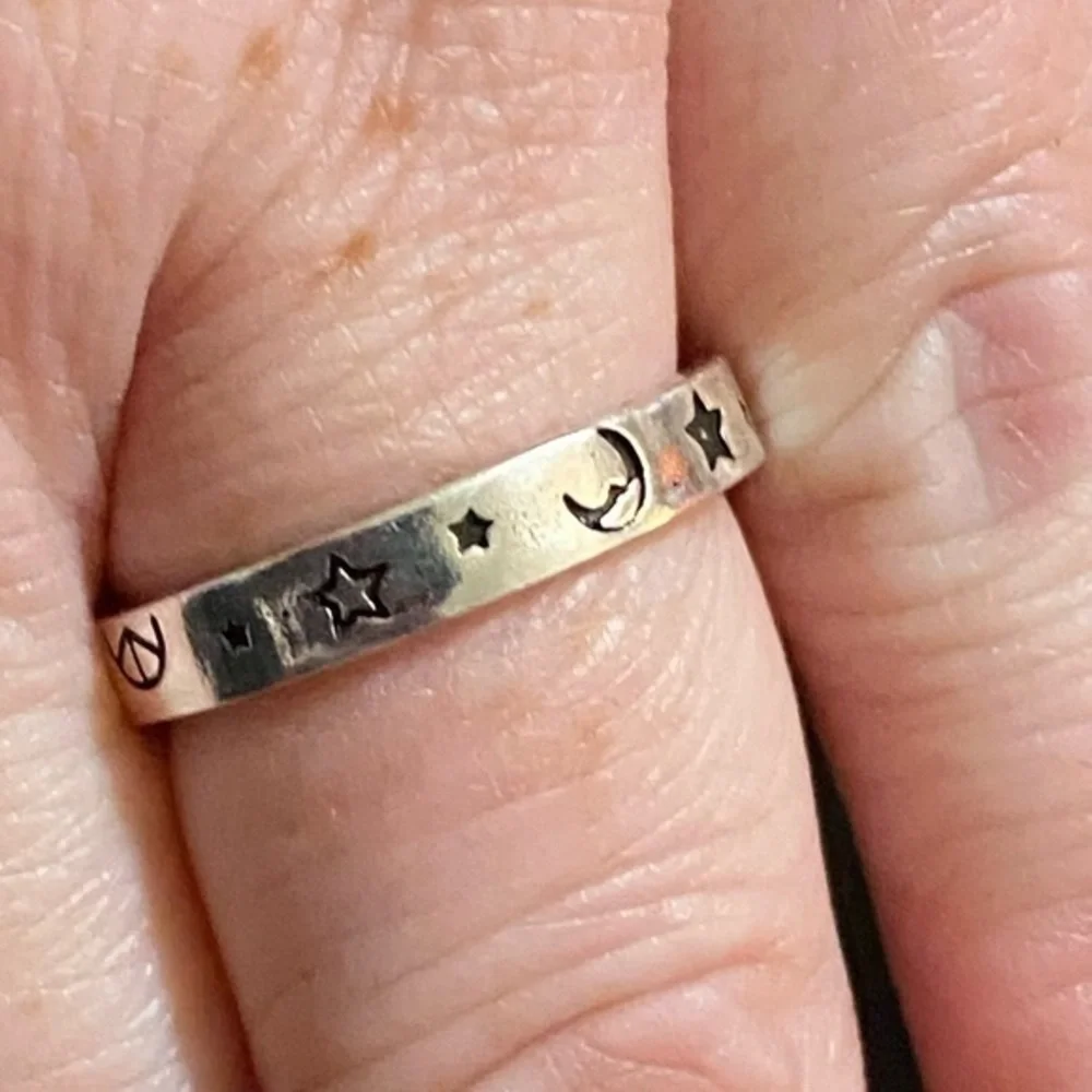 Sterling Silver Peace, Moon, Stars and Happy Ring - Picture 2 of 7